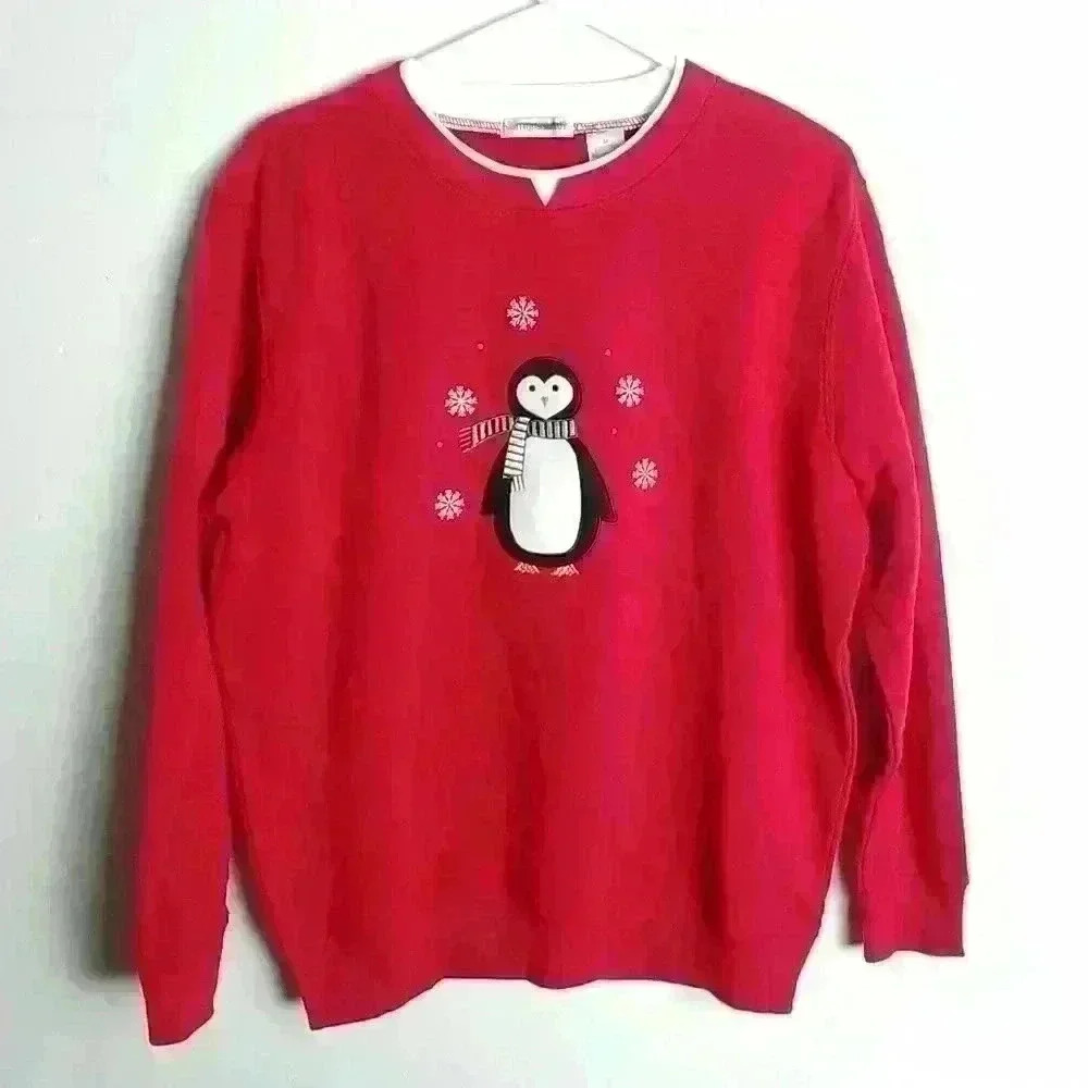 Winter Pinguin Red Christmas Sweater Sz M